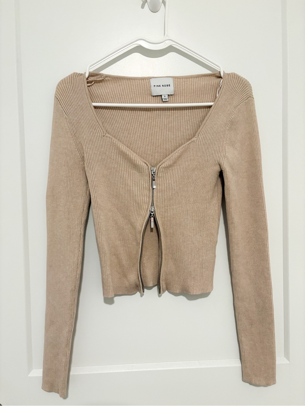 Pink Rose Beige Ribbed Long Sleeve Zip-Front Top